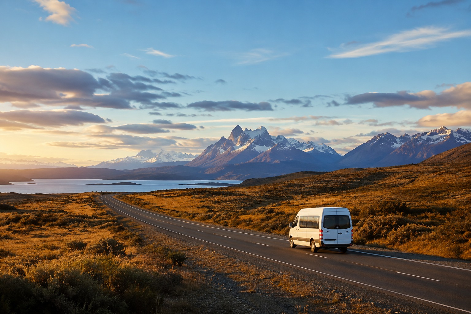 Camioneta de traslado en una ruta de la Patagonia al atardecer